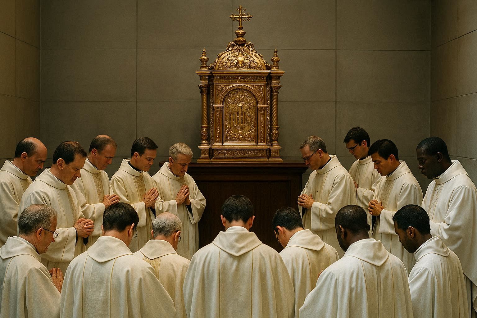 Priests of different ethnicities in prayer before an ornate tabernacle