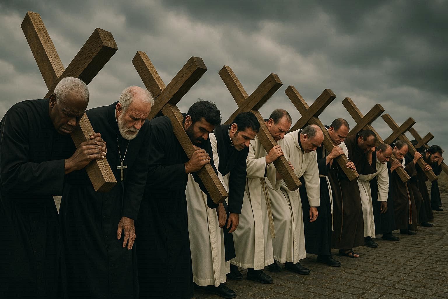 Priests of different ethnicities carrying crosses in unity